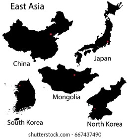 Silhouette maps of the countries of East Asia with the capital cities