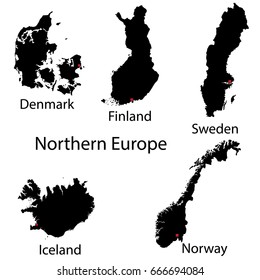 Silhouette maps of the countries of northern Europe with the capital cities