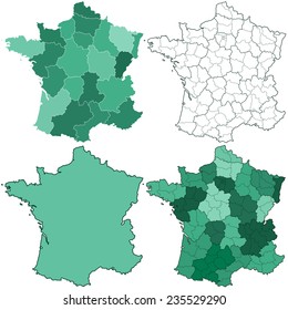 Silhouette maps set of the France with regions and departments. All objects are independent and fully editable 