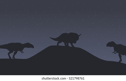 Silhouette of mapusaurus and triceratops dinosaur scenery