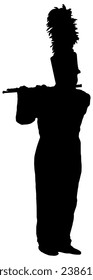 Silhouette of a marching band flute player, in black, isolated 