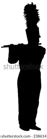 Silhouette of a marching band flute player, in black, isolated 