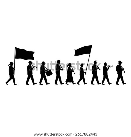 Silhouette Of A Marching Band With Instruments And Flags In A Row