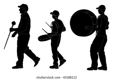 Silhouette of marching band (leader with two drummers)