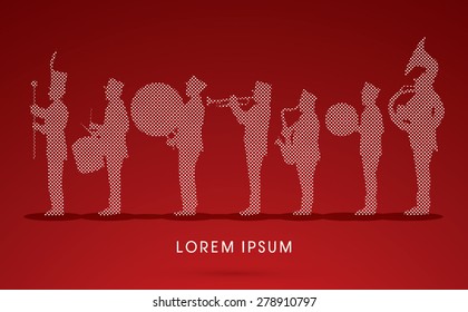 Silhouette Marching Band, parade, designed using dot square, graphic vector.