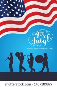 Silhouette marching band parade with waving American Flag, Happy 4th of July, Vector