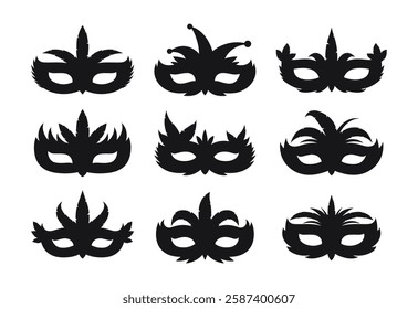 Silhouette Mardi Gras carnival mask collection isolated on white background. Set of festival mask illustration