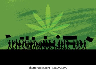 Silhouette of marijuana activists marching with marijuana leaf as a background, Vector