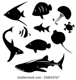 Silhouette Marine Animal And Reptile Such As Shark, Sea Turtle, Jellyfish, Ray, Butterfly Fish, Angel Fish And Other Ocean Creature Icon Collection Set In Isolated Background, Create By Vector
