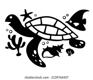 Silhouette of marine animals united. Sea turtle, fish, coral, shellfish, starfish, black cute design illustration on white background.