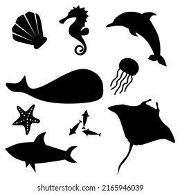silhouette of marine life. shellfish, dolphin, whale, seahorse, shark. isolated white background