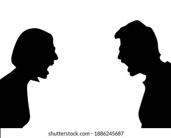 Silhouette of a married couple. Arguing people. Yelling at each other. Showdown. Defending your point of view. Misunderstanding, swearing. Conflict.