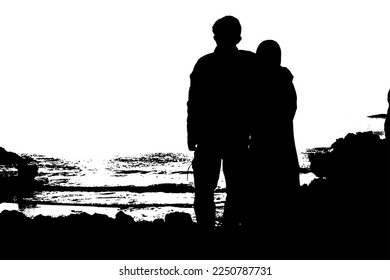 Silhouette of a married couple on a tropical beach at sunset, vector illustration in black and white trendy style. Editable graphic resource for various purposes.
