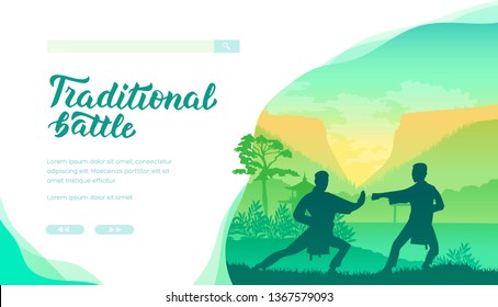 Silhouette of martial art masters of China on nature background. Two men demonstrate kung fu poses. Karate training. Shaolin monks practice Wushu. Vector design. Place for text, copy space..