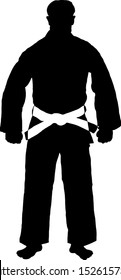 Silhouette of a martial art practitioner in uniform with white belt. Vector illustration.