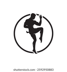 Silhouette of a Martial Artist in Dynamic Action Pose Inside a Circle