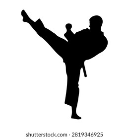 Silhouette of martial artist executing a high kick, showcasing strength, agility, and discipline in a dynamic pose against a plain background.
