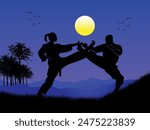 silhouette, Martial arts silhouettes, Taekwondo clipart and night view