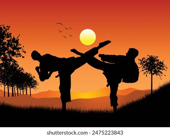 silueta, siluetas de artes marciales, Clipart de taekwondo y vista nocturna