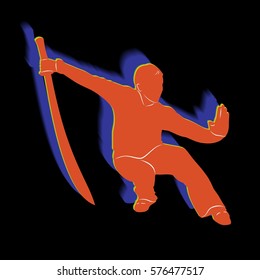 Silhouette of martial athletes with sword, color drawing, black background