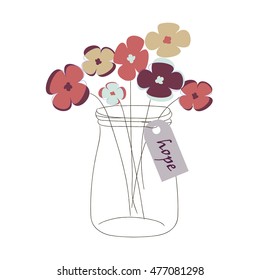 Silhouette of mason jar with colorful poppies and Hope lettering on badge.Cute illustration for t-shirt, greeting card, poster, invitation.