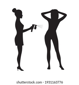 Silhouette of a master of beauty applying tan spray on a woman's body. Vector illustration of auto tanning procedure