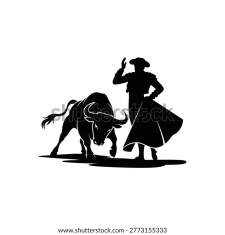 Silhouette of a matador and a charging bull in a dramatic pose