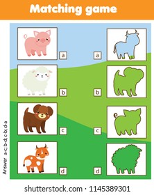 Silhouette matching children educational game. Match farm animals with shadows. Activity for pre shool years kids and toddlers