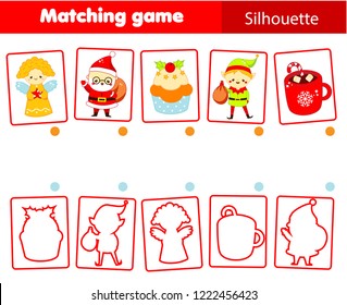 silhouette matching game for children. Christmas and New year theme activity for kids