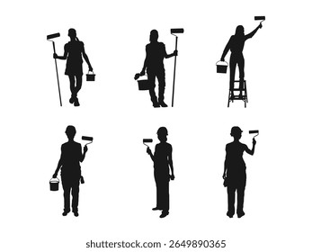 Silhueta de uma mulher madura pintando uma parede usando uma escada. Silhuetas de pintores trabalhando, mostrando várias posições de pintura. silhueta de pintor em um fundo branco.