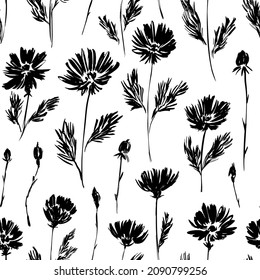 Silhouette meadow flowers seamless pattern. Hand drawn abstract ditsy flowers ornament. Vector botanical black ink illustration. Retro style design for textile, wrapping paper, wallpaper design