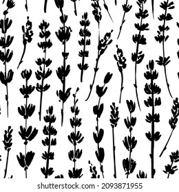 Silhouette meadow flowers seamless pattern. Hand drawn abstract lavender flowers ornament. Vector botanical black ink illustration. Retro style design for textile, wrapping paper, wallpaper design