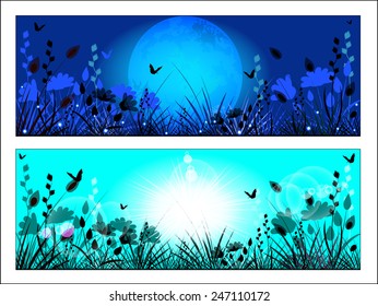 Silhouette of meadow grass and flowers on a background of the sun and the night sky.