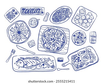 Silhouette Meal of delicious food, Dolce vita dinner art style. Doodle blue line, texture, scribble sketch. Dinner at the restaurant, romantic night. Big meal. Grilled fish, pizza, Charcuterie Board	
