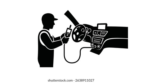 Silhouette: Mechanic Using Diagnostic Device on Car
