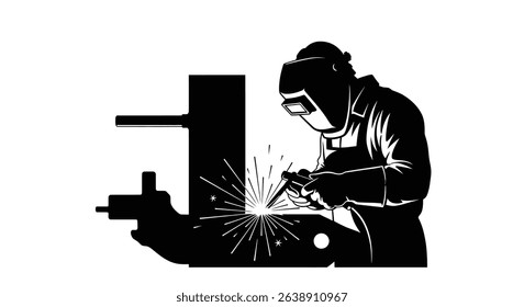 Silhouette: Mechanic Welding Metal Parts, Sparks Flying