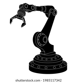 Silhouette Mechanical Robotic Arm With Gripper Isolated On White. Vector Illustration.