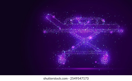 Silhouette of a medical gurney made of glowing, multicolored dots, resembling stars. The particles symbolize care, emergency response, and the tools of saving lives.