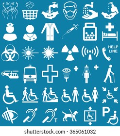 Silhouette medical and healthcare related graphics collection isolated on blue background