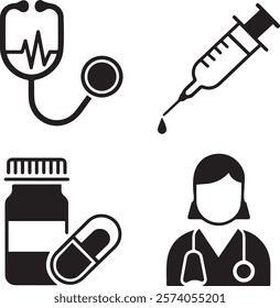 silhouette medical icon stethoscope, syringe, pill bottle, healthcare staff vector design