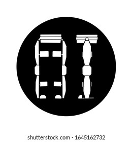 Silhouette of medical leg exoskeleton in black circle isolated on white background. Help for people with disabilities. The future and innovation. Vector object with exosuit for logo, icon 