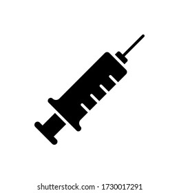 Silhouette of Medical syringe with needle and scale. Outline icon of injection. Black illustration of puncture, treatment, liquid medicine and solution. Flat isolated vector emblem on white background