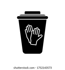 Silhouette Medical waste container for nitrile gloves. Special box for disinfection or utilization of disposable protective equipment. Illustration of trash can with lid. Rubbish bin flat vector icon