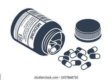 Silhouette of Medicine Bottle with Pills. Isometric Vector Illustration