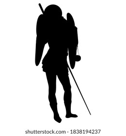 Silhouette of medieval angel or archangel with wages and spear. Religious Christian character.