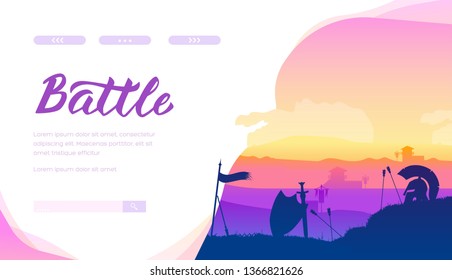 Silhouette of medieval battlefield after fight with tilting helm, shield, sword, arrows, flag on ground. Panorama of ancient warcamp with knight munition. Vector for historical projects. Copy space.