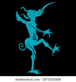 Silhouette of medieval demon or devil from Christian hell with long protruded tongue.