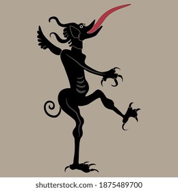 Silhouette of medieval demon or devil from Christian hell with long protruded tongue.