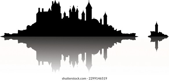 Silhouette: medieval fortress with city on a rock island