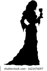 Silhouette medieval girl in long dress with a goblet
